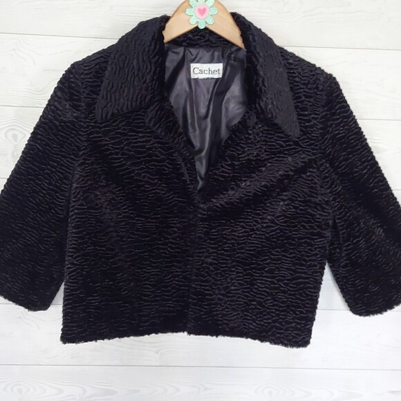 Cachet Black Fur Coat Cropped Jacket Size M/L Evening Retro - Picture 5 of 10